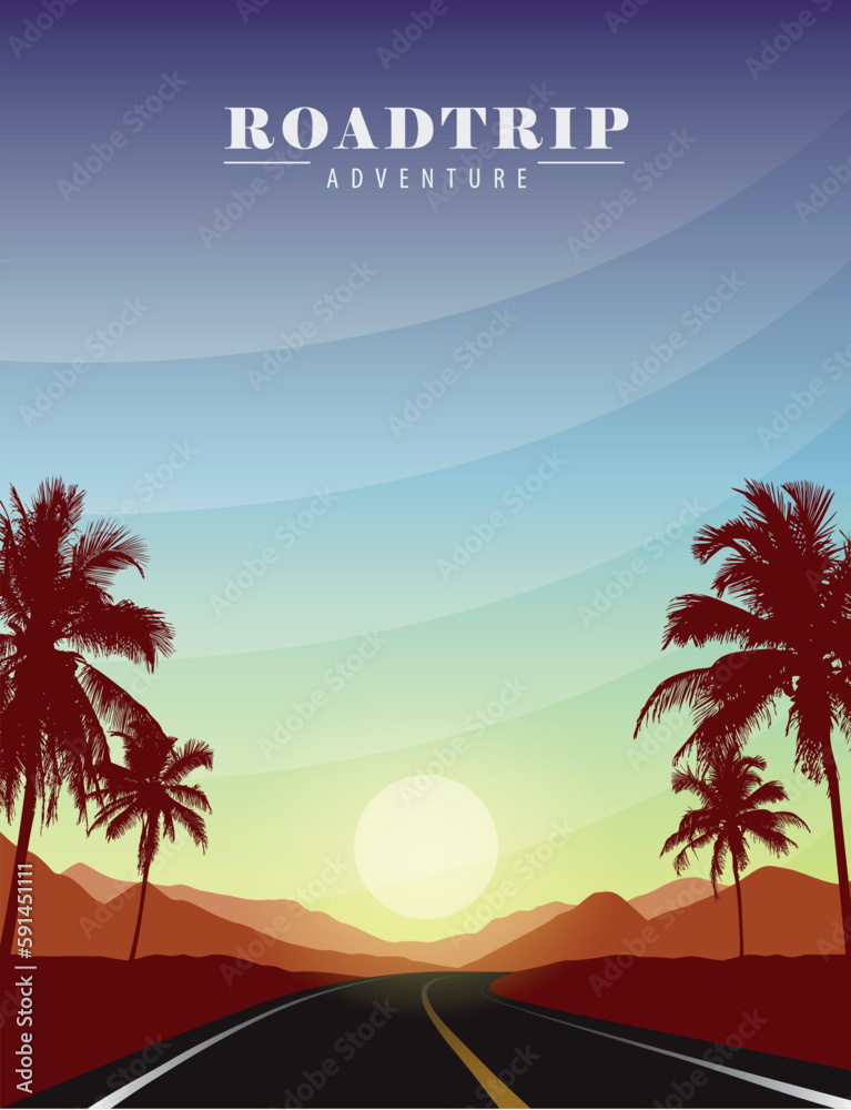 summer paradise road trip at sunset on tropical palm landscape