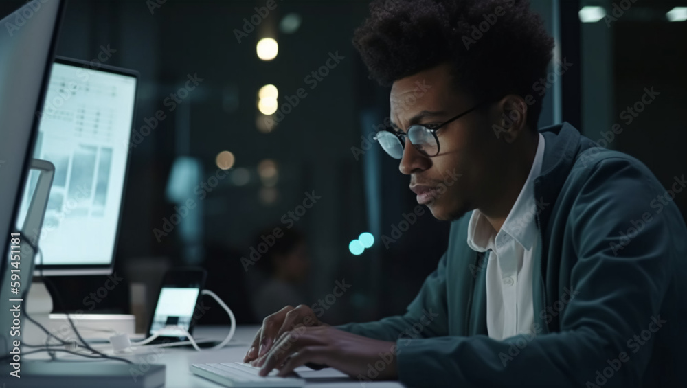 African american man working on computer, created with Generative AI technology African american man working on computer, created with Generative AI technology