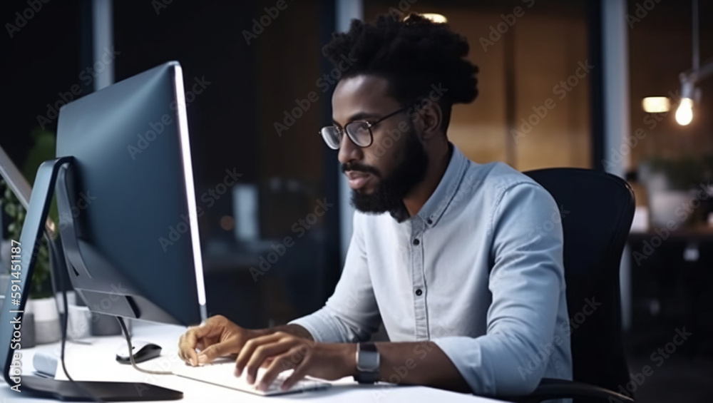 Obraz premium African american man working on computer, created with Generative AI technology