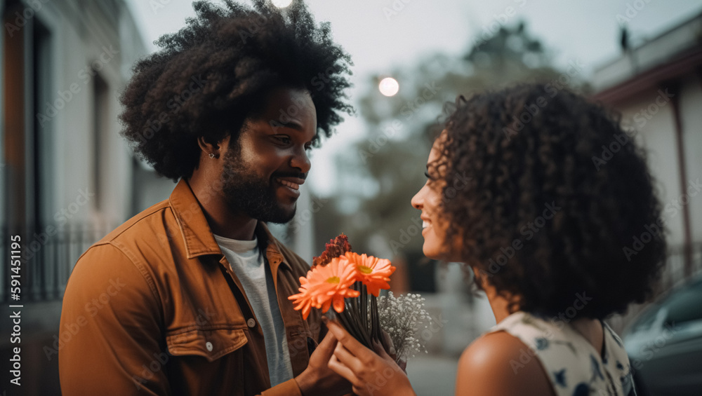 A man gives a girl flowers, created with Generative AI technology Stock