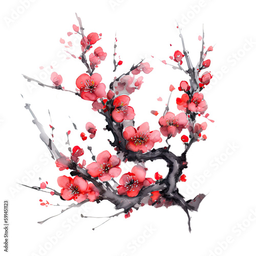 Traditional ink painting style sakura tree branches, Beautiful pink cherry blossom, spring flowers, generated ai.	