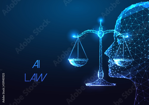 Concept of AI law, artificial intelligence regulations in futuristic glowing low polygonal style 