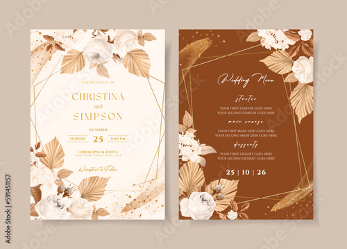 Wedding invitation template set with white dried floral and leaves decoration