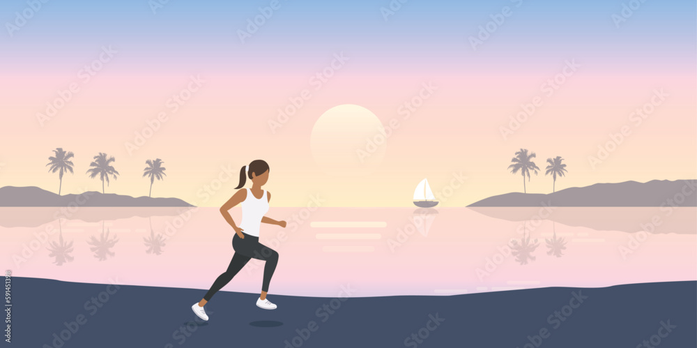 jogging girl on summer landscape by the sea holiday design
