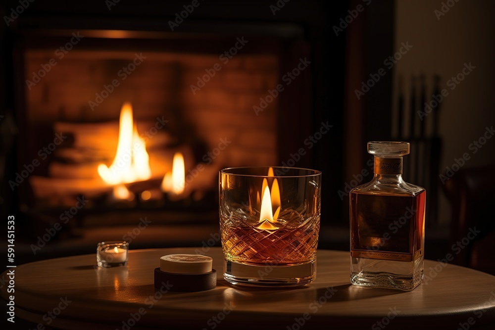 A cozy, inviting whiskey scene, featuring a tumbler of fine whiskey on the rocks, a decanter, and a cigar, set against the warm glow of a crackling fireplace. Generative AI