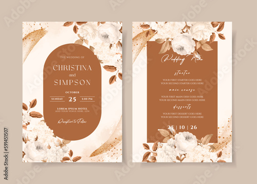 Wedding invitation template set with white dried floral and leaves decoration