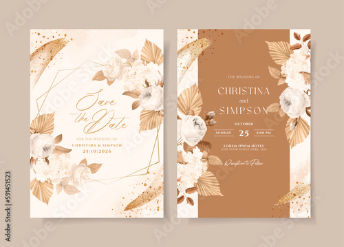 Wedding invitation template set with white dried floral and leaves decoration