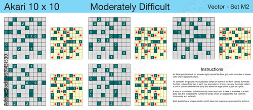 5 Moderately Difficult Akari 10 x 10 Puzzles. A set of scalable puzzles for kids and adults, which are ready for web use or to be compiled into a standard or large print activity book.