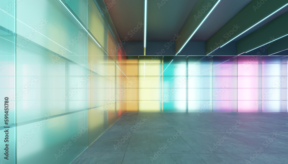 3D Empty modern multiple purpose room space with colored gradient transparent glass wall