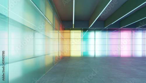 3D Empty modern multiple purpose room space with colored gradient transparent glass wall