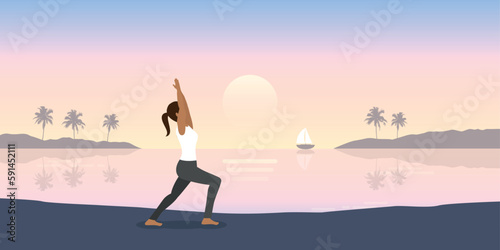 yoga girl on summer landscape by the sea holiday design