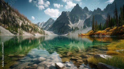 A natural wonderland with rugged rocky mountains of towering peaks, shimmering alpine lakes reflect the verdant forests, created with Generative AI © Ali