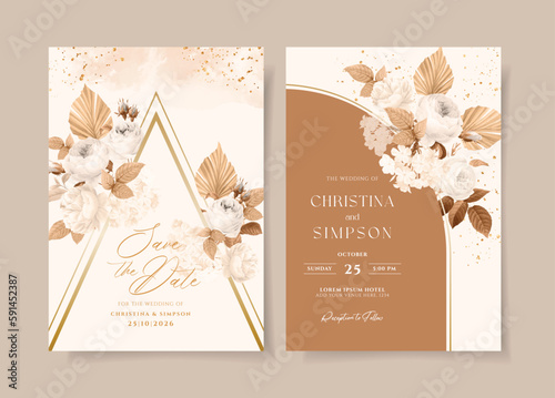 Wedding invitation template set with white dried floral and leaves decoration