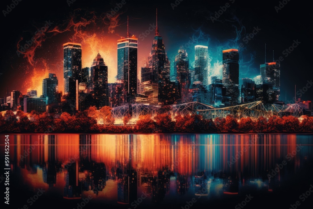 bustling cityscape illuminated at night. Generative AI