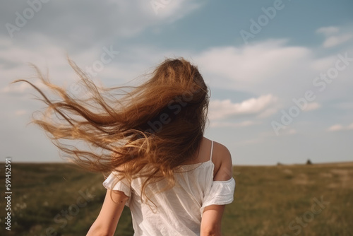 girl with hair blowing in the wind. Standing with his back in the field Generative AI