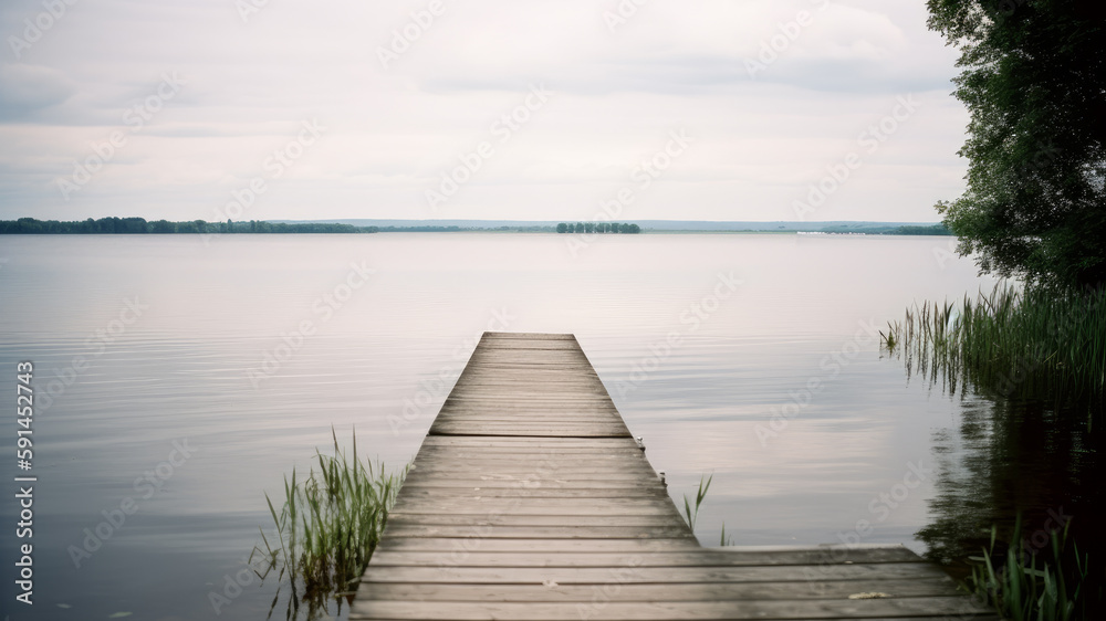 Naklejka premium Wooden jetty on a large lake. Generative AI