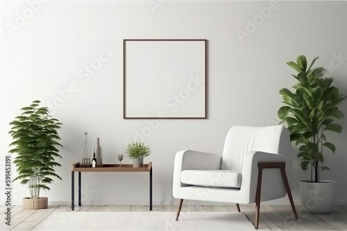 Modern composition of living room interior with white armchair, mock up poster without text, plants and personal accessories in home decor. ai generated.