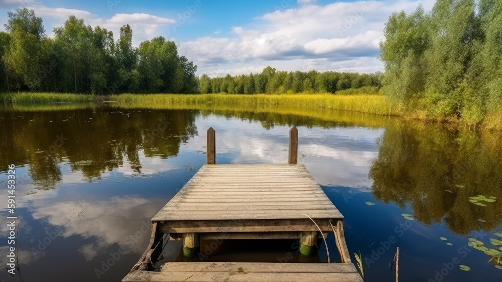 Wooden jetty on a small lake. Generative AI Wooden jetty on a small lake. Generative AI