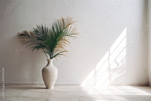 home sunlight decor concrete shadows tree house interior vase design palm wall. Generative AI. © VICHIZH
