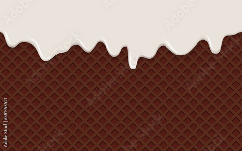 バニラアイスとチョコレートワッフルのパターン素材 ホワイトチョコレートのシームレスデザイン背景