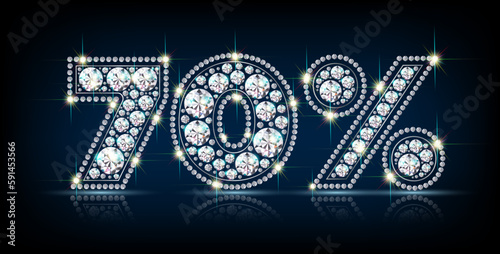 Numerals Seventy 70 percent made of sparkling diamonds. Sale, discount symbol. Realistic vector on black background with reflection