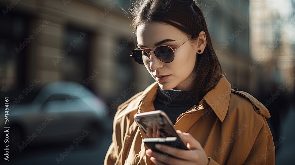 Portrait of a beautiful young woman using mobile phone in the city.Generative Ai Portrait of a beautiful young woman using mobile phone in the city.Generative Ai