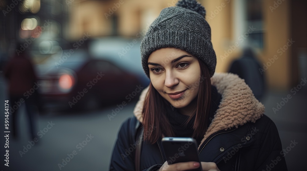 Portrait of a beautiful young woman using mobile phone in the city.Generative Ai Portrait of a beautiful young woman using mobile phone in the city.Generative Ai
