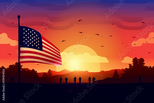 Memorial day Illustration, Patriotic American background with flags. Generative AI