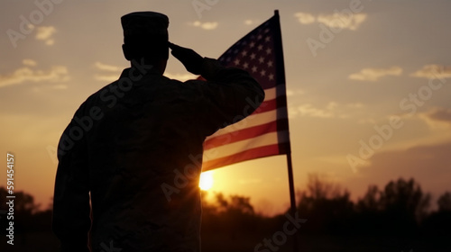 Solder standing in front of USA flag at sunrise. Concept for Memorial Day, Independence day, 4tf of July, Patriot Day, Veterans Day. Generative AI