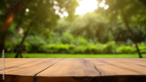 Empty wooden table in summer background with the blurred green garden and picnic or BBQ in the background. Generative AI
