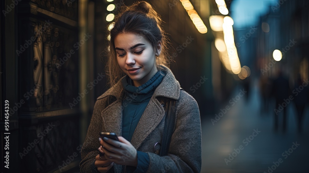 Portrait of a beautiful young woman using mobile phone in the city.Generative Ai Portrait of a beautiful young woman using mobile phone in the city.Generative Ai