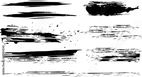 Vector overlay  grunge brush strokes and Ink splatters isolated on a white background. Brush strokes bundle with grungy painted lines. Hand drawn ink spray and splash design elements and drops