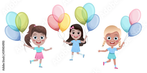 kids, little girl jump with colorful balloons on white background, cartoon illustration, vector. Birthday.Cute children having fun on birthday party. happy kids greeting card celebrate birthday vector
