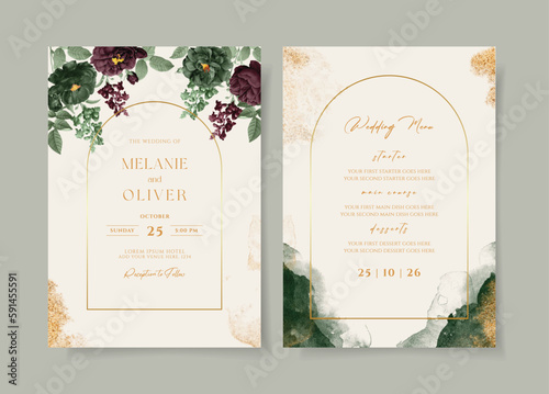 Watercolor wedding invitation template set with romantic green burgundy floral and leaves decoration