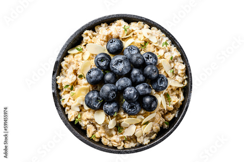 Oatmeal porridge with blueberries and almonds. Isolated, transparent background