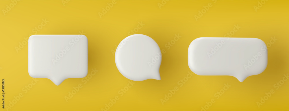 3D white speech bubble icon set on a yellow background. - obrazy, fototapety, plakaty 