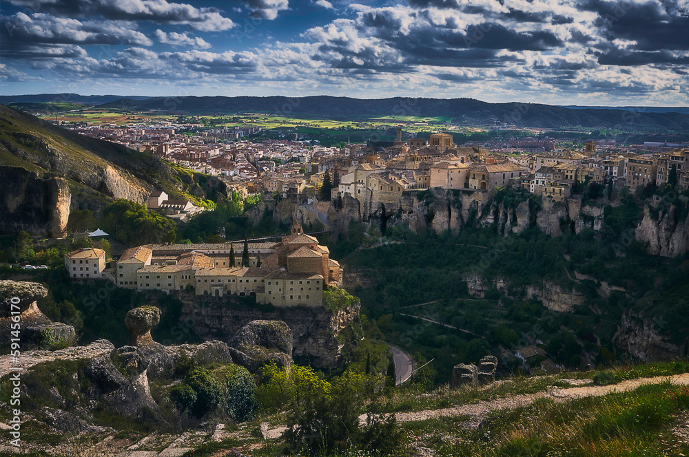 Panoramic view of Cuenca, Spain with clouds in the sky