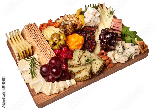 Cheese platter. Appetizers boards with assorted cheese, honey, dried plums, grapes and nuts. Isolated.