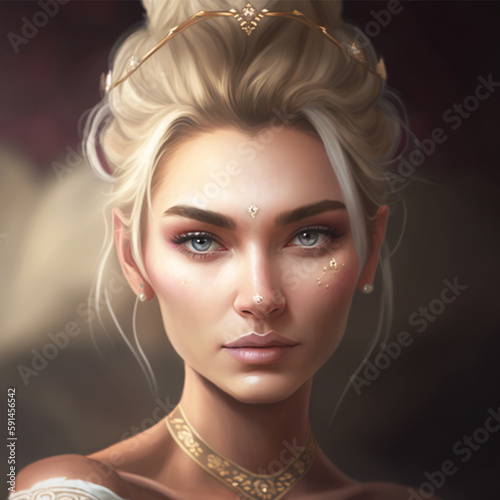 realistic blond hair brown Mongolian eyes bride with her hair in a messy bun and a crystal headband. She is wearing a glow  summery cat eye makeup and has a nose stud in her right nostril