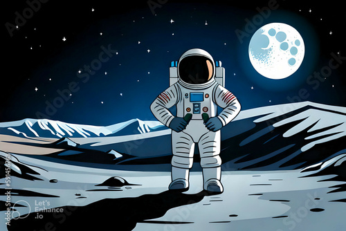 Man on moon, cartoon image. Moon landing cartoon image. Created using generative AI.