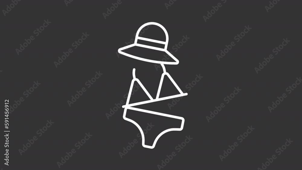 Beach accessories line animation. Dancing swimwear, hat. Summertime swimsuit. Loop HD video with chroma key, alpha channel on transparent background, black solid background. Outline graphic animation Beach accessories line animation. Dancing swimwear, hat. Summertime swimsuit. Loop HD video with chroma key, alpha channel on transparent background, black solid background. Outline graphic animation