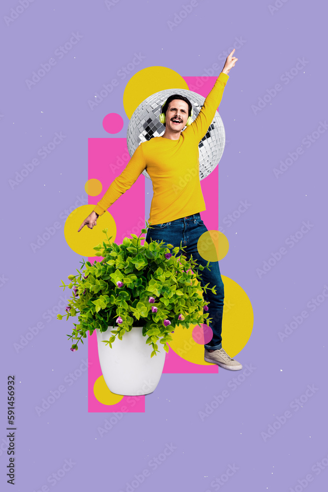 Photo collage artwork minimal picture of happy smiling guy dancing having fun isolated drawing background Photo collage artwork minimal picture of happy smiling guy dancing having fun isolated drawing background