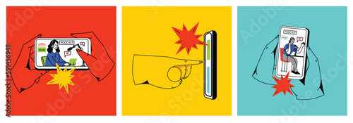 Concept of news, watching video online, podcast, talk show, tv application, live streaming. Hand holding smartphone with man with microphone on screen. Vector illustration in flat style