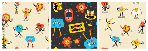 Colorful funny happy face label seamless pattern set. Collection of trendy retro sticker cartoon backgrounds. Weird comic character art wallpaper