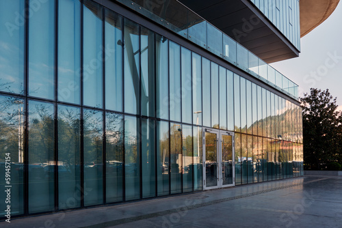 Facade of a modern glass office building.