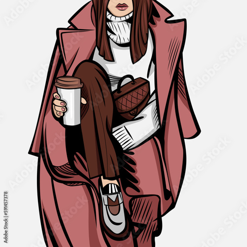 Modern fashion vector illustration of abstract young woman wearing elegant urban trousers, casual sweater and stylish coat and drinking coffee