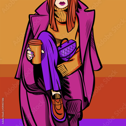 Modern fashion vector illustration of abstract young woman wearing elegant urban trousers, casual sweater and stylish coat and drinking coffee