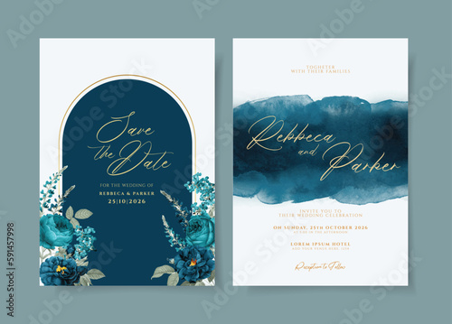 Watercolor wedding invitation template set with romantic teal navy floral and leaves decoration