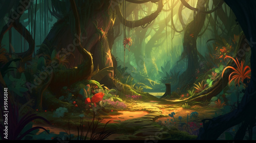 A beautiful fairy-tale enchanted forest with tall trees  tropical vegetation  and a plethora of colorful insects.  Generative AI