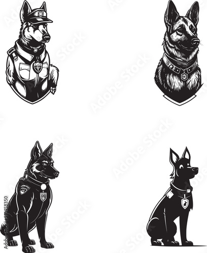 Police officer german shepard full body, cartoon simple sports logo graphic, black on white background